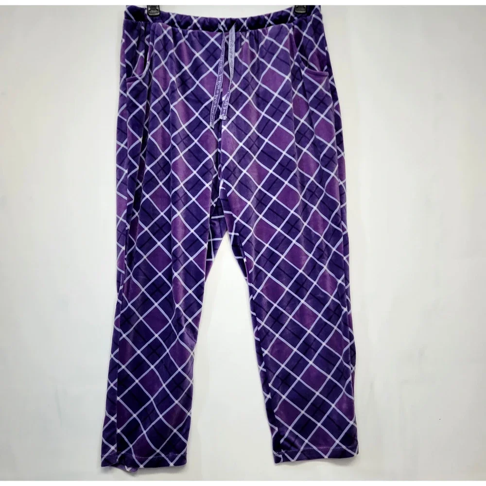 Muk Luks Pajama Set Womens Petite XL Purple Plush Argyle‎ Soft Sleepwear Lounge